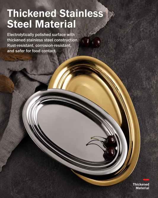 Stainless Steel Oval Serving Tray โ Polished Decorative Metal Tray for Jewelry, Dessert, Table Display