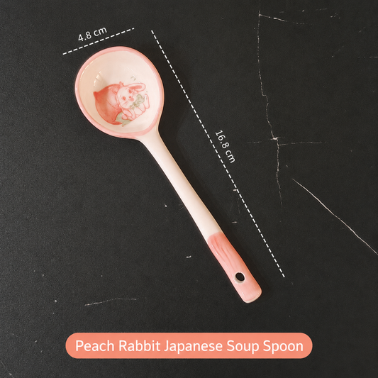 Cute Ceramic Soup Spoon โ Long Handle Japanese Style Spoon with Rabbit, Cat & Cherry Blossom Designs for Dining