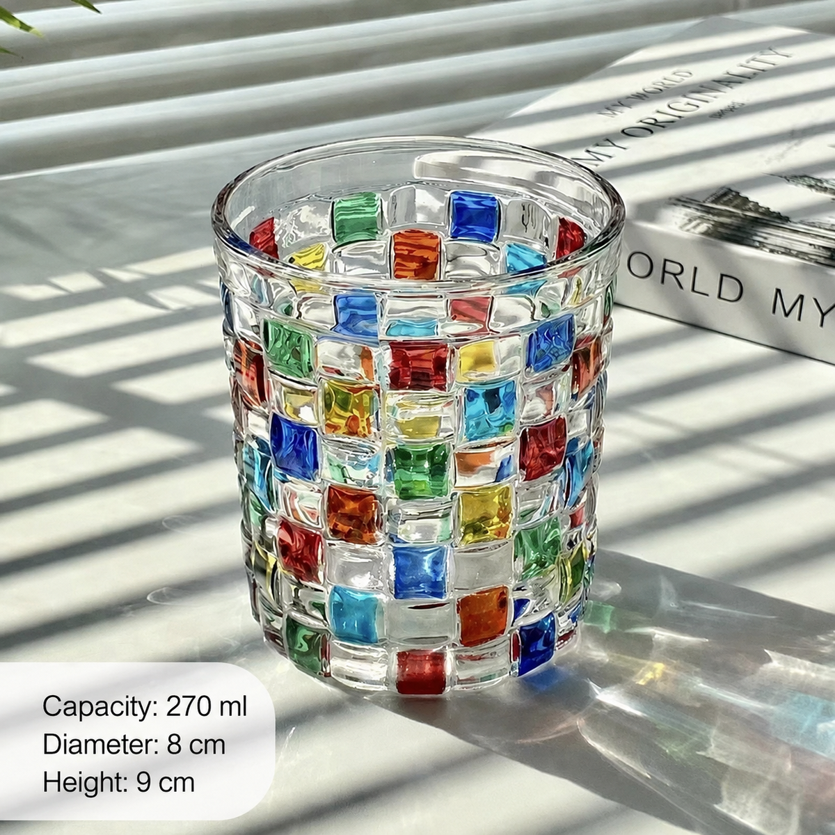 Colorful Mosaic Juice, Whiskey Glass, 270ml Hand-Painted Style Checkered Drinking Tumbler
