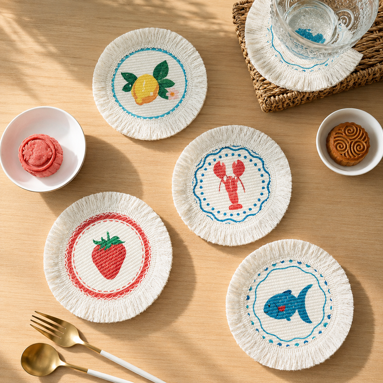 Fresh Floral Tassel Coaster, Round Fabric Mug Mat & Heat Resistant Table Protector
