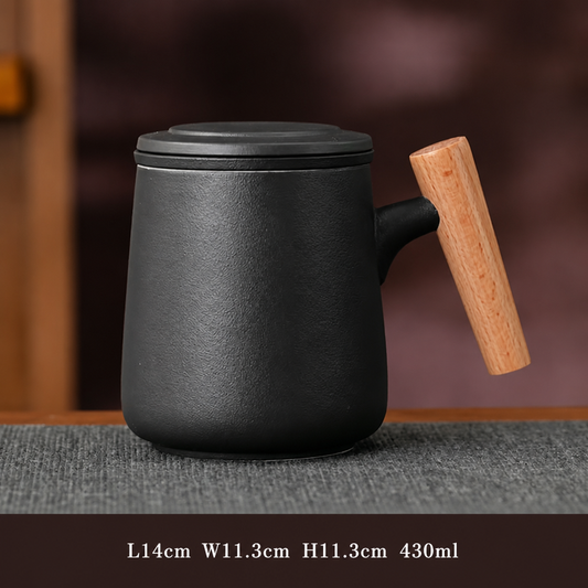 Ceramic Tea Mug with Wooden Handle โ Lidded Office Cup