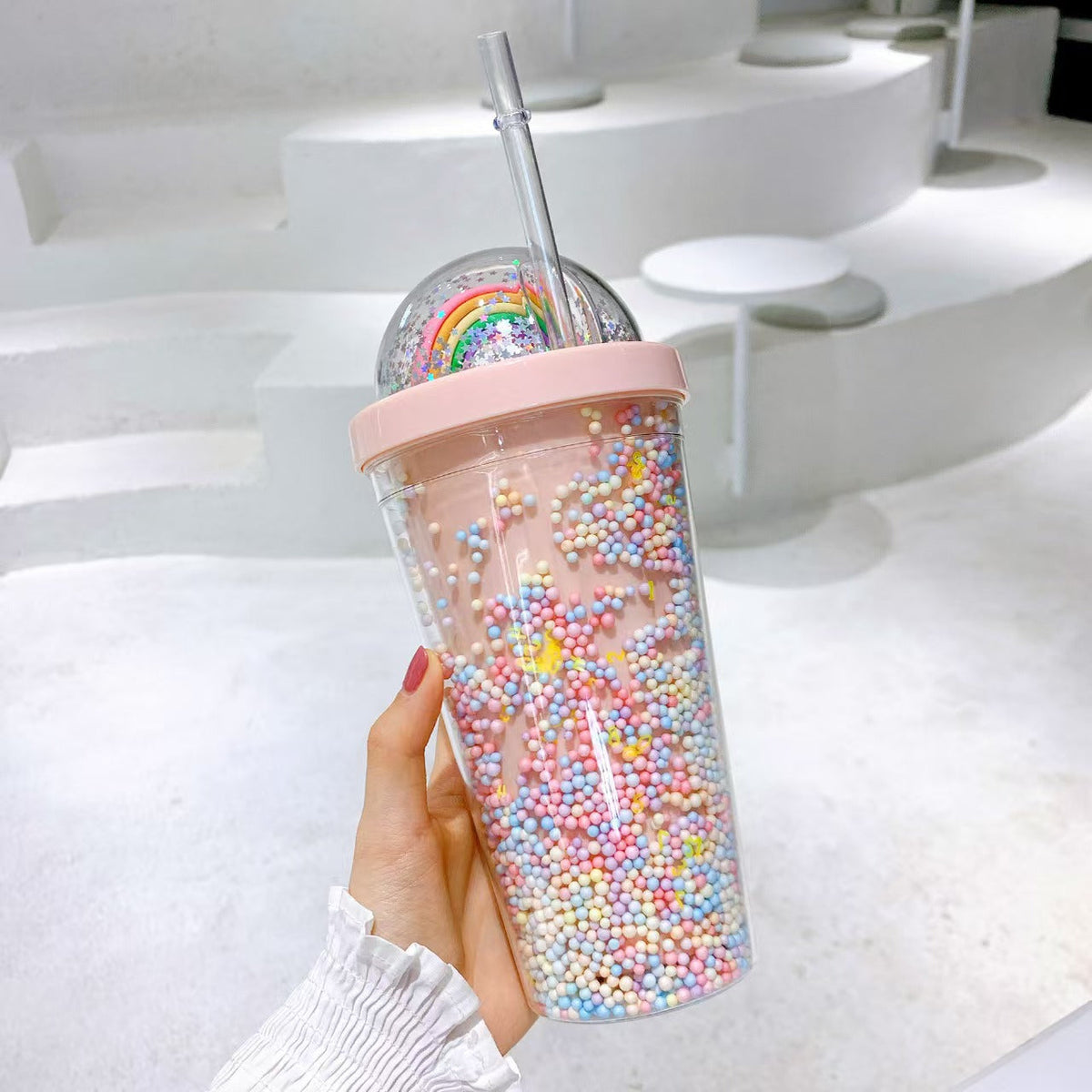 Rainbow Bubble Straw Cup 550ml – Cute Summer Portable PS & Silicone Tumbler with Straw for Girls