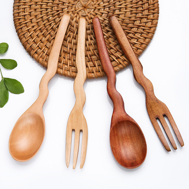 Wooden Dessert Fork and Spoon with Curved Handles in Two Finishes