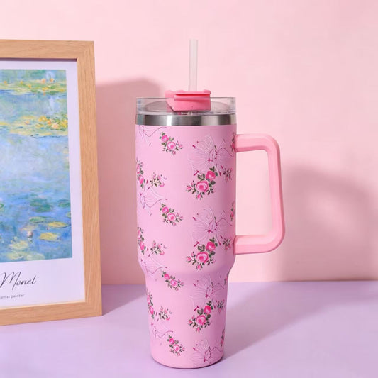 Floral Pattern 40oz Stainless Steel Insulated Tumbler with Straw & Handle โ Large Capacity Travel Water Cup
