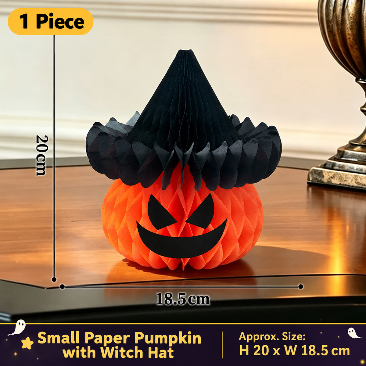Halloween Honeycomb Paper Pumpkin Decoration, Orange Jack-O-Lantern Tabletop Decor, With or Without Witch Hat