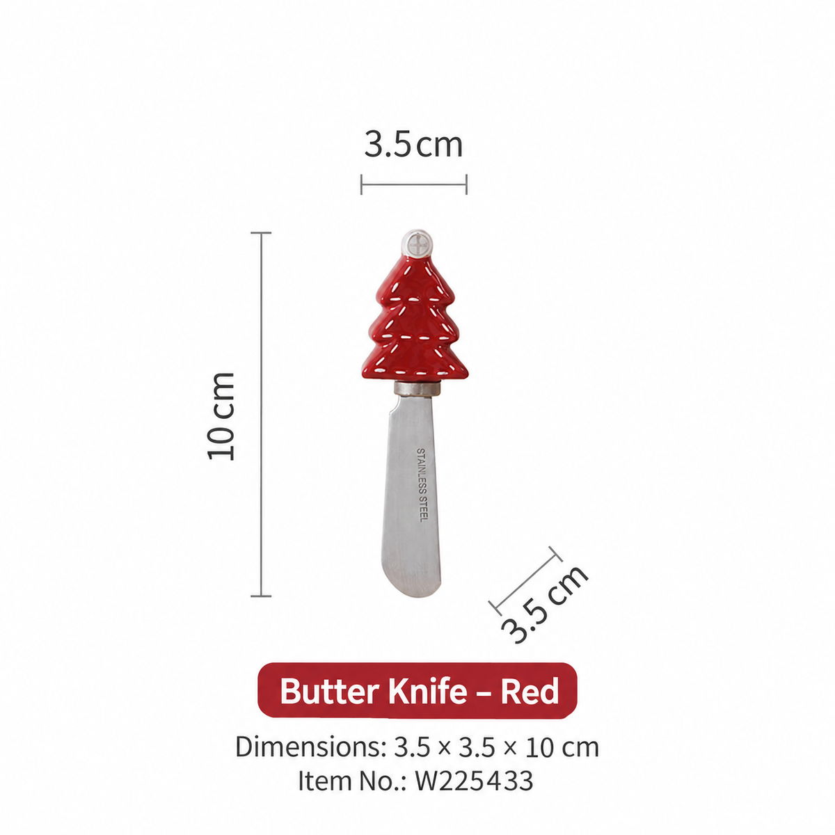 Christmas Tree Butter Knife with Ceramic Handle, Stainless Steel Spreader, Red, White