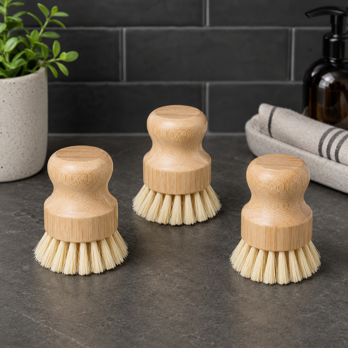 Natural Hardwood Pot Scrubber Brush with Sisal & Coconut Fiber Bristles, Heavy-Duty Kitchen Cleaning Brush