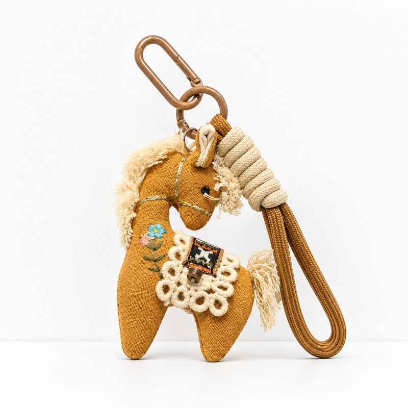 Vintage Horse Bag Charm – Cotton Linen Pony Pendant, Embroidered Animal Keychain for Backpack & Purse