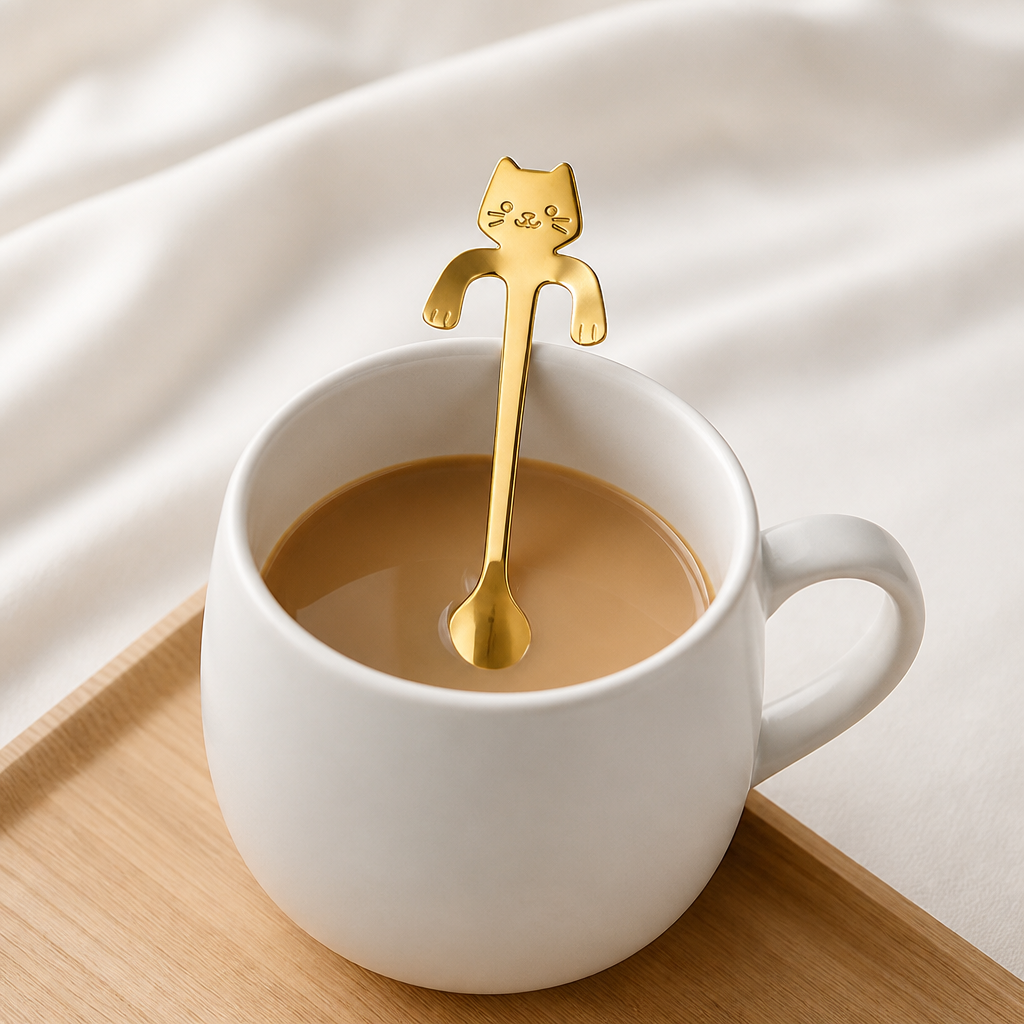 Cute Cat Hanging Spoon – Stainless Steel Coffee & Dessert Spoon with Cup Rim Hook for Tea, Drinks & Café Serving