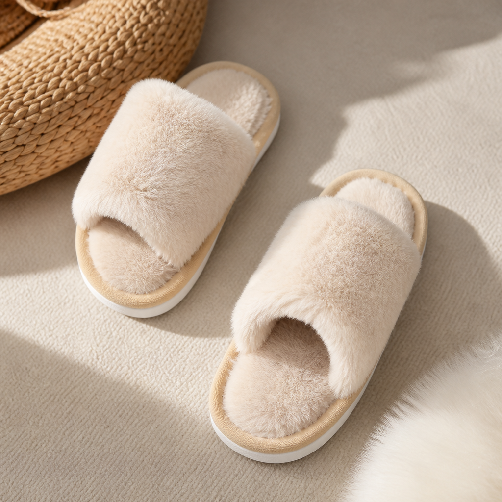 Open-Toe Plush Slippers for Women – Soft, Warm, Breathable & Lightweight Indoor Footwear