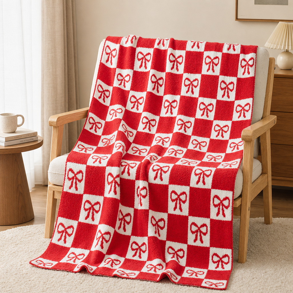 Bow Knit Half-Plush Throw Blanket Soft Cozy Sofa Blanket Warm Decorative Home Blanket