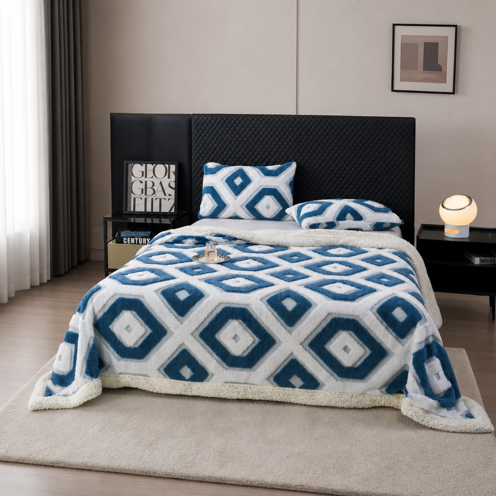Dual-Tone 3D Jacquard Sherpa Fleece Blanket – Double-Layer Thick Warm Plush Throw for Sofa