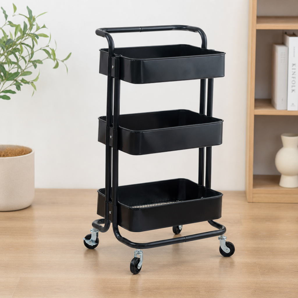 3-Tier Carbon Steel Rolling Storage Cart – Mobile Kitchen Organizer with Handle