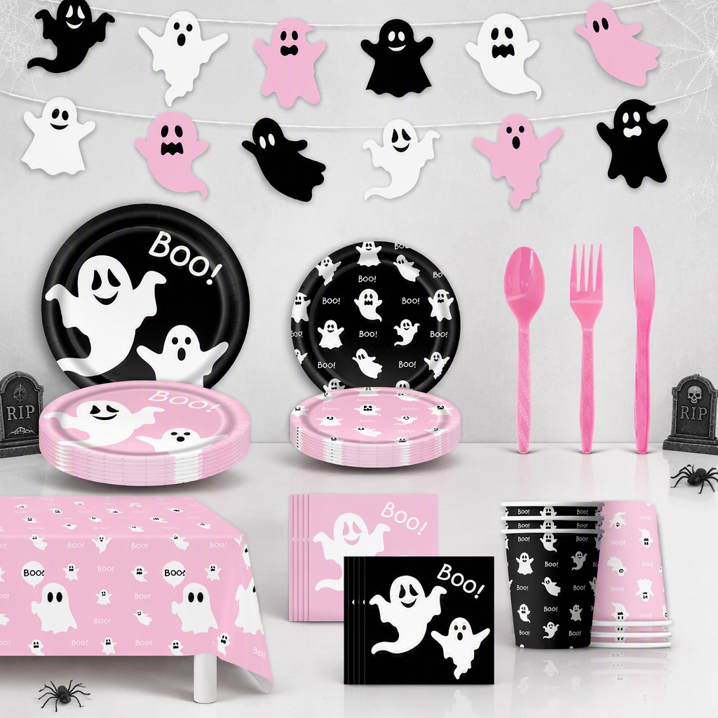 Halloween Ghost Party Set – Pink Black Ghost Tableware and Decorations