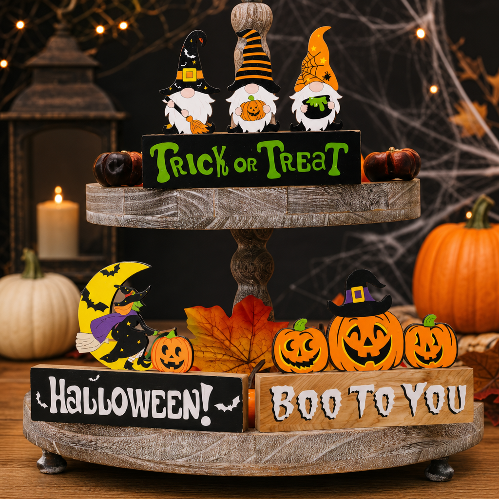 Halloween Gnome Pumpkin Decoration – Wooden Ghost Festival Tabletop Decor