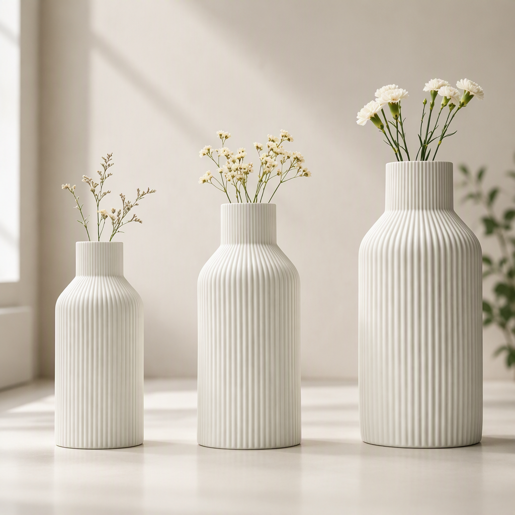White Ceramic Striped Flower Vase