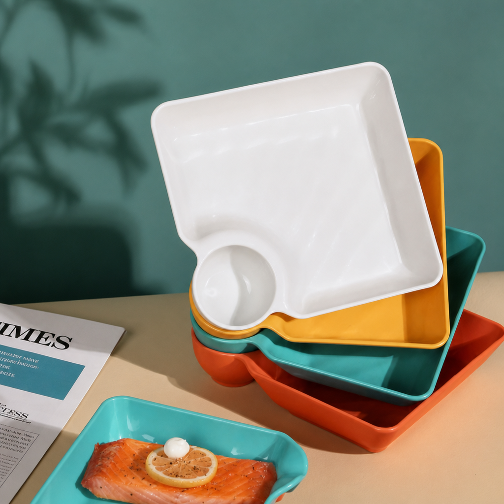 Dumpling Plate with Sauce Compartment Divided Dipping Dish