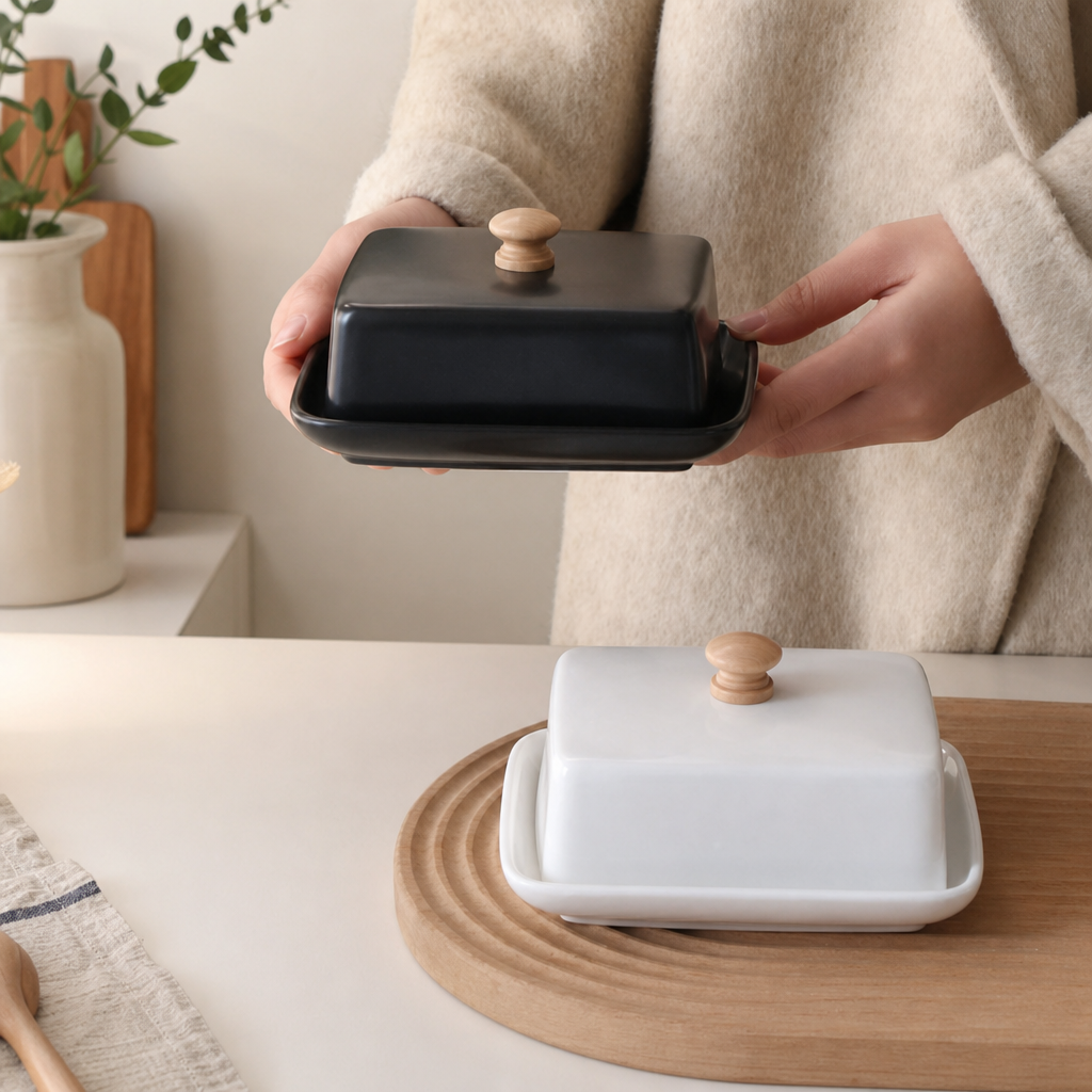 Ceramic Butter Dish with Lid Farmhouse Style Butter Keeper Cheese Snack Storage Container
