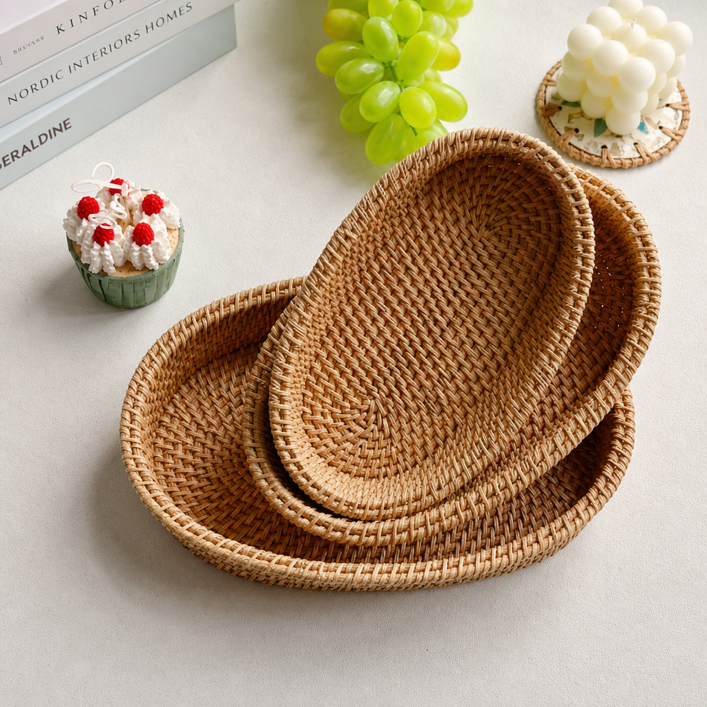 Woven Rattan Bread Basket Cutlery Storage Tray Handmade Serving Organizer
