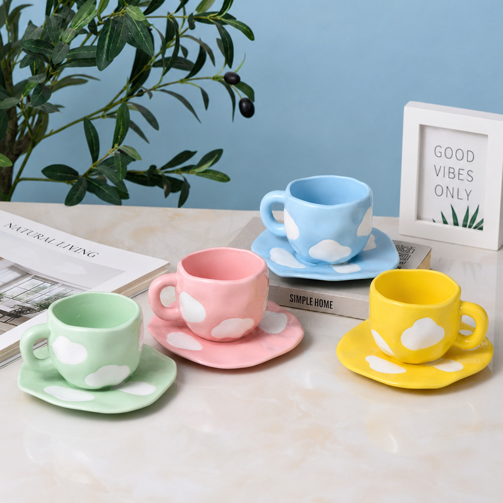 Vintage Pink Striped Ceramic Mug and Saucer Set Retro Coffee Cup