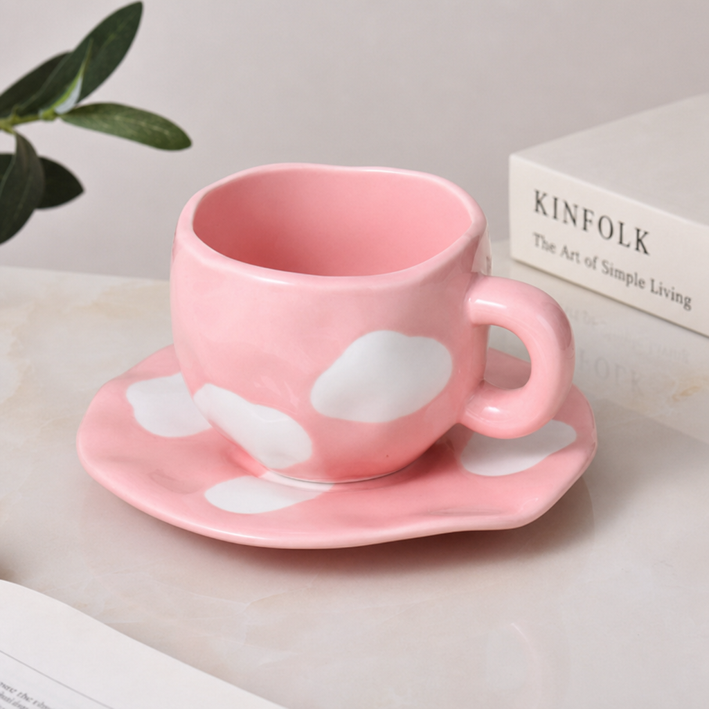 Vintage Pink Striped Ceramic Mug and Saucer Set Retro Coffee Cup