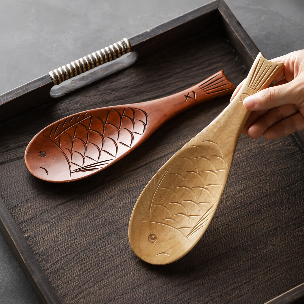 Vintage Lacquered Fish-Shaped Wooden Rice Spatula