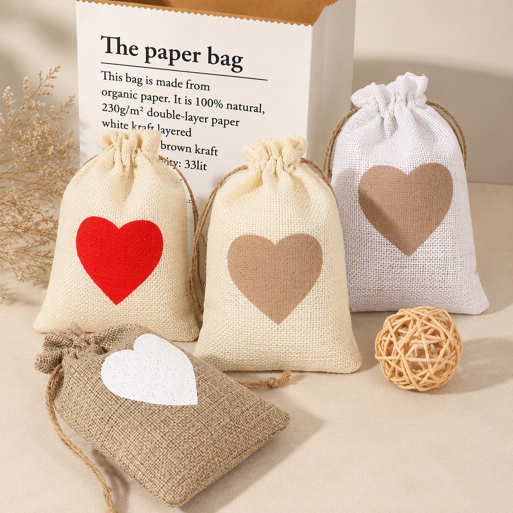 Red Heart Burlap Drawstring Gift Bag