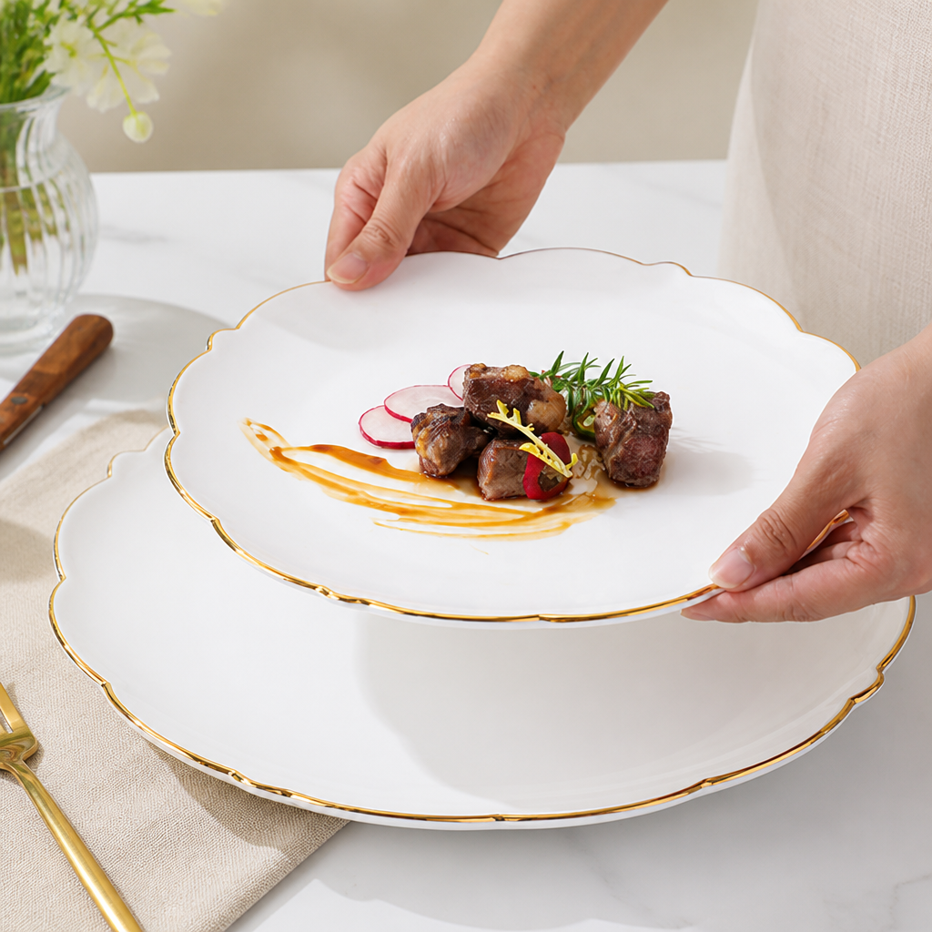Gold Rim Ceramic Steak Plate, Elegant Ceramic Dinner Plate