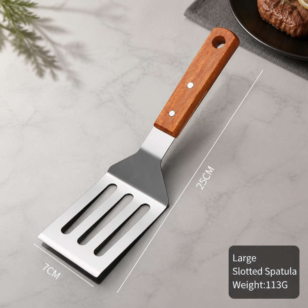 Stainless Steel Teppanyaki Spatula with Wooden Handle Slotted Griddle Turner