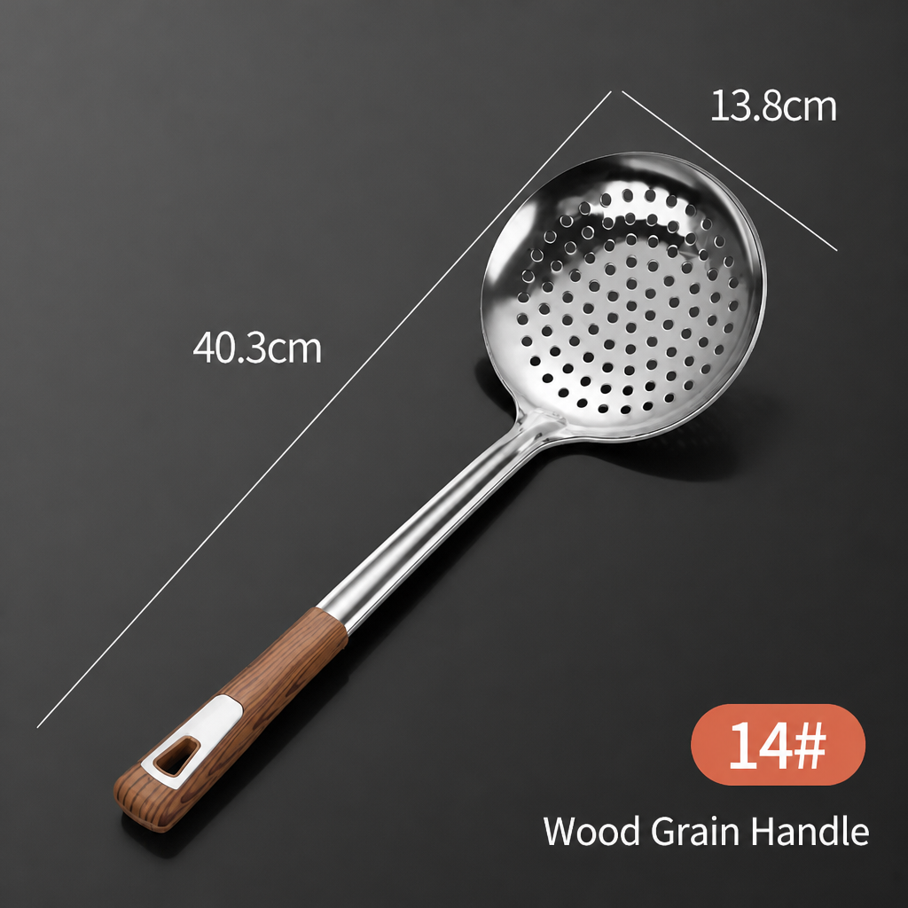 Heavy Duty Stainless Steel Skimmer Spoon with Wood Grain Handle