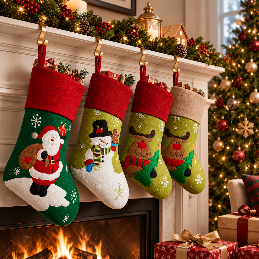 Christmas Stocking Hanging Decoration Santa Snowman Reindeer Holiday Gift Bag