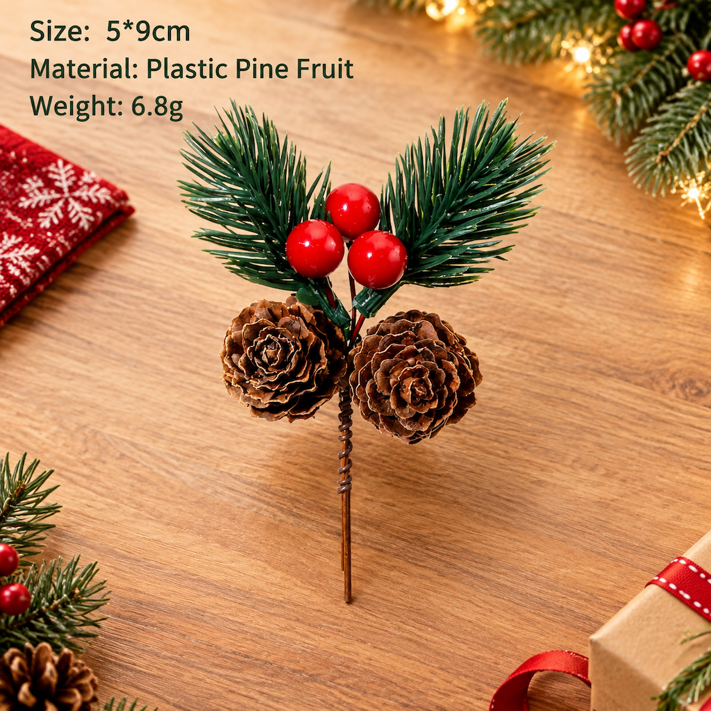 Artificial Christmas Pine Branch Pick with Red Berries Mini Holiday Floral Decoration