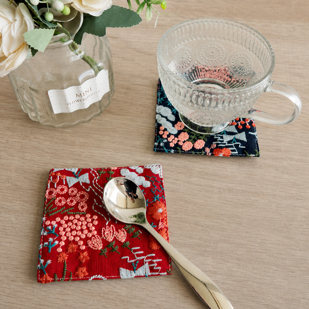 Embroidered Cotton Linen Double Layer Coaster Floral Heat Resistant Drink Mat