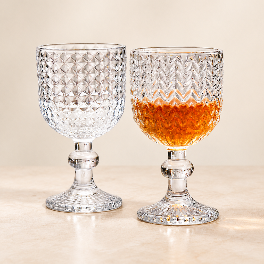 Vintage Embossed Glass Goblet with Elegant Stemmed Base