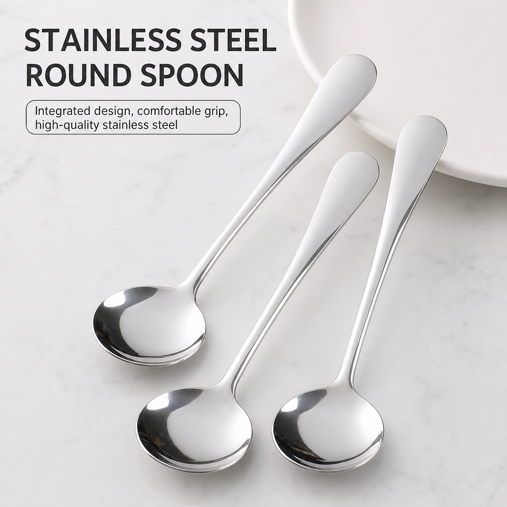Stainless Steel Round Soup Spoon with Long Handle for Dining