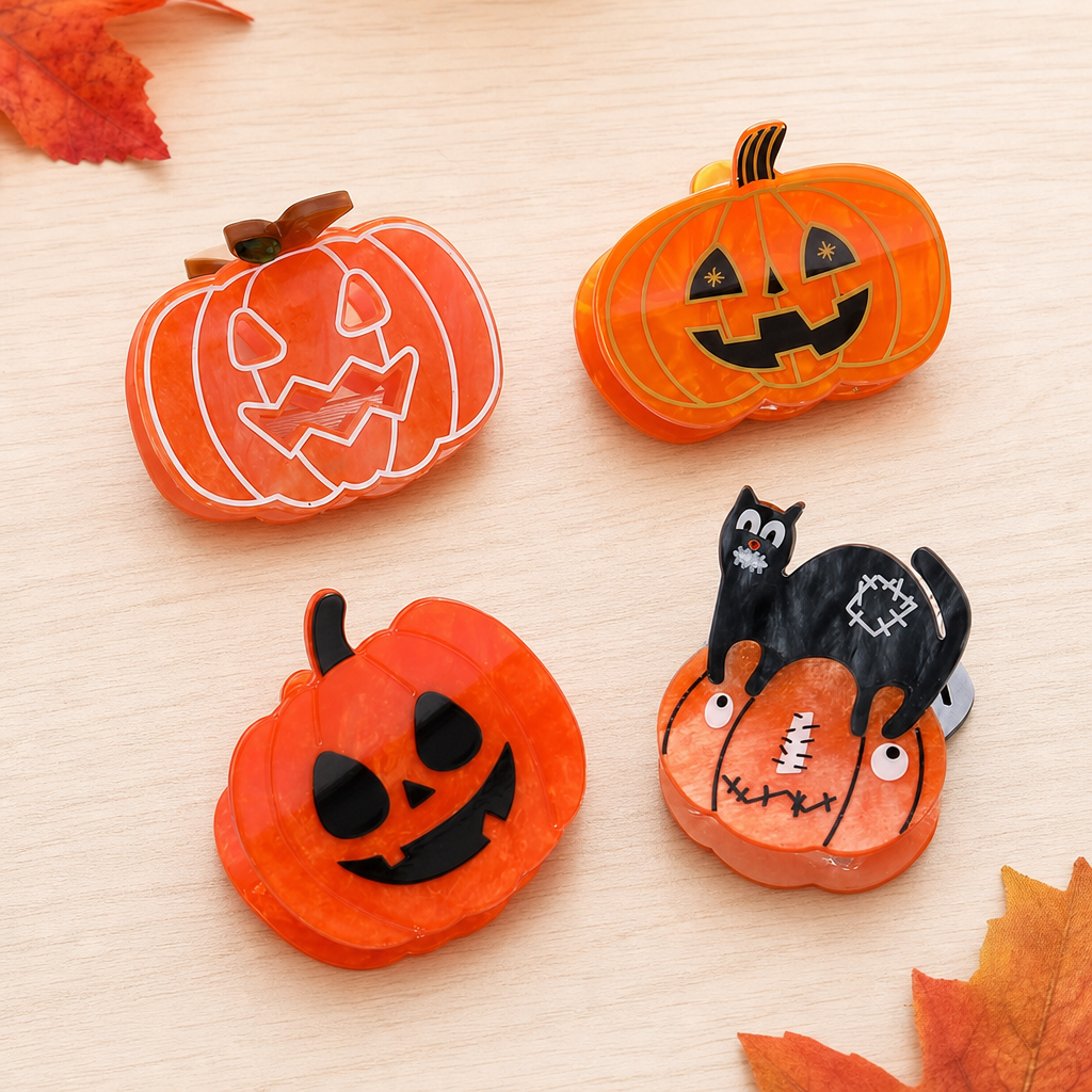 Halloween Acrylic Hair Clips with Pumpkin Ghost and Witch Hat Designs