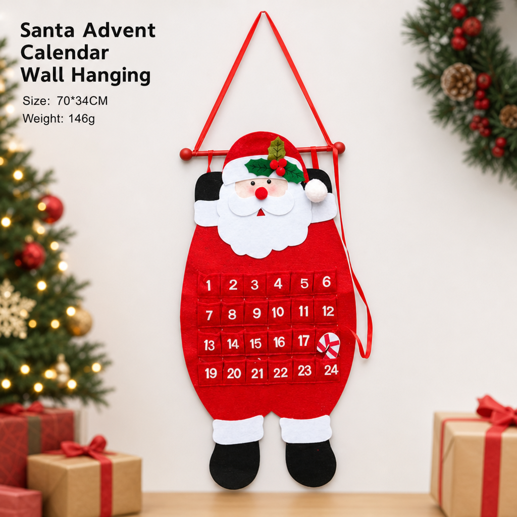 Christmas Felt Countdown Calendar Santa Snowman Reindeer Hanging Decoration