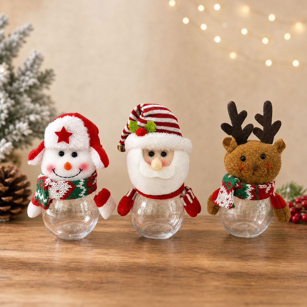 Christmas Clear Candy Jar Santa Snowman Reindeer Holiday Gift Container