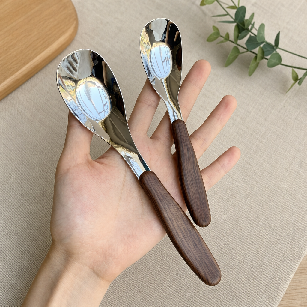 Stainless Steel Spoon Faux Wood Grain Handle Modern Dining Tableware