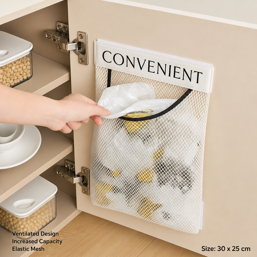 Adhesive Kitchen Mesh Storage Bag Hanging Cabinet Organizer Trash Holder