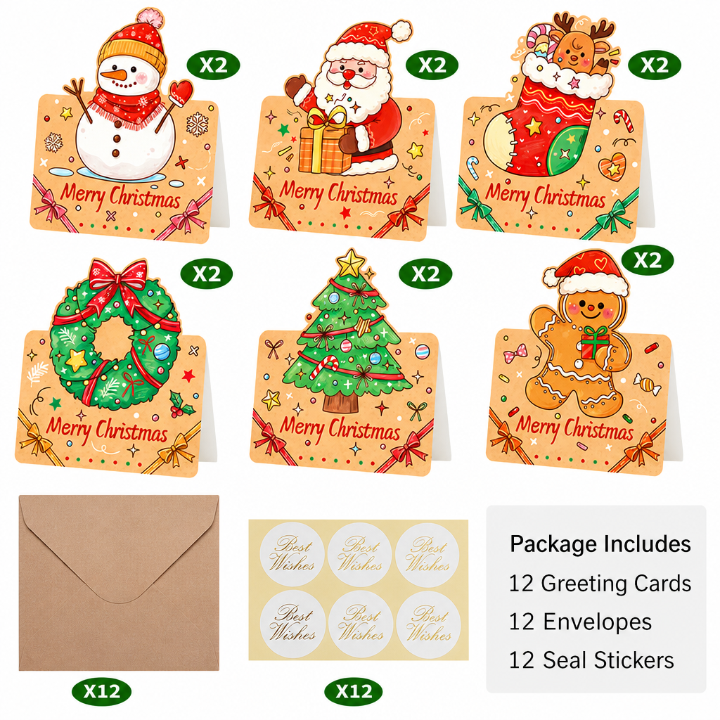 Vintage Kraft Paper Christmas Greeting Card and Envelope Set