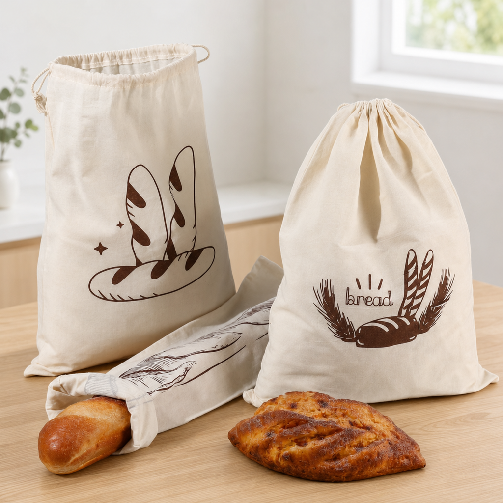 Reusable Cotton Linen Bread Storage Bag Rabbit Print Drawstring Bakery Pouch
