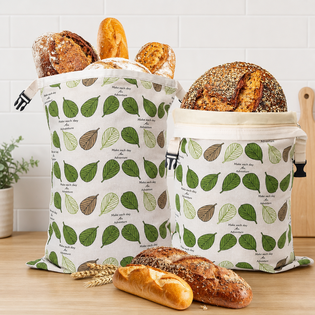 Reusable Double Layer Beeswax Bread Storage Bag Botanical Print Bakery Food Storage Pouch
