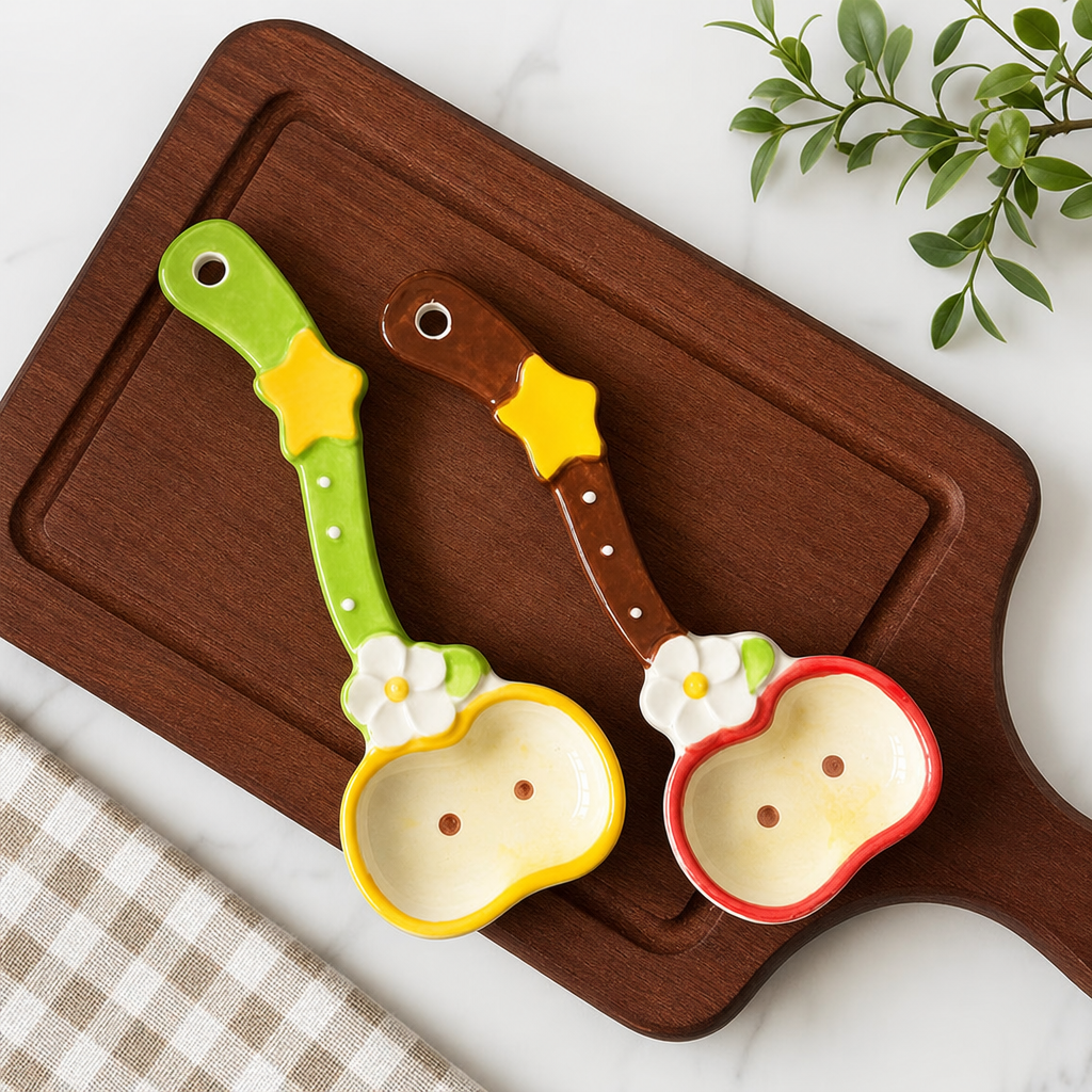Cute Ceramic Dessert Spoon Colorful Cartoon Fruit and Flower Design Cream Stirring Spoon