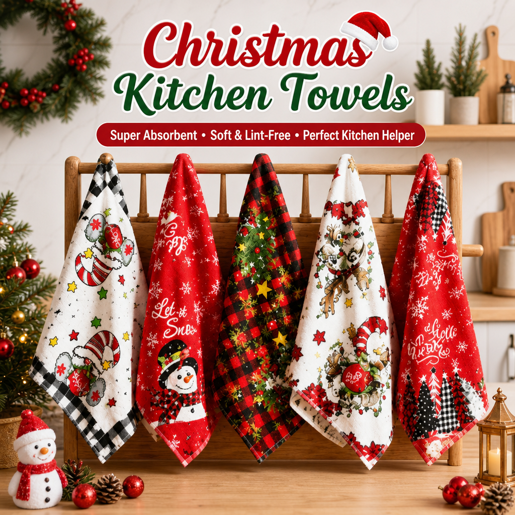 Christmas Microfiber Kitchen Towel Festive Holiday Tree Print Absorbent Dish Drying Cloth