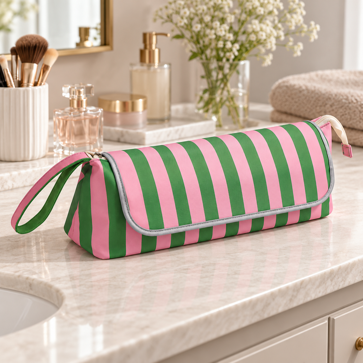 Striped Heat Resistant Hair Tool Bag with Fold Out Mat