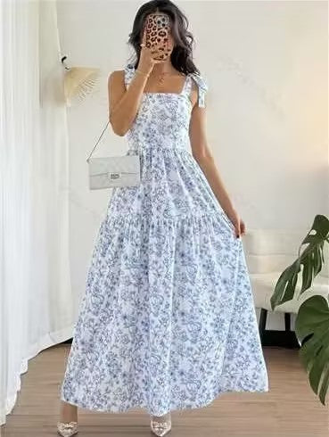 Floral Print Maxi Dress – Blue & White Spaghetti Strap Dress