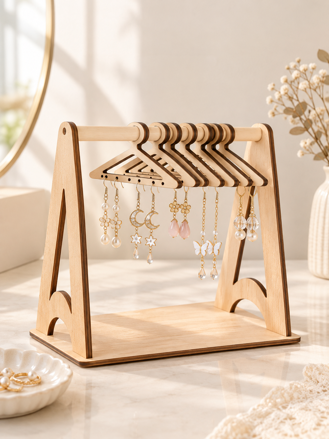 Wooden Jewelry Display Stand with Mini Hangers for Earrings