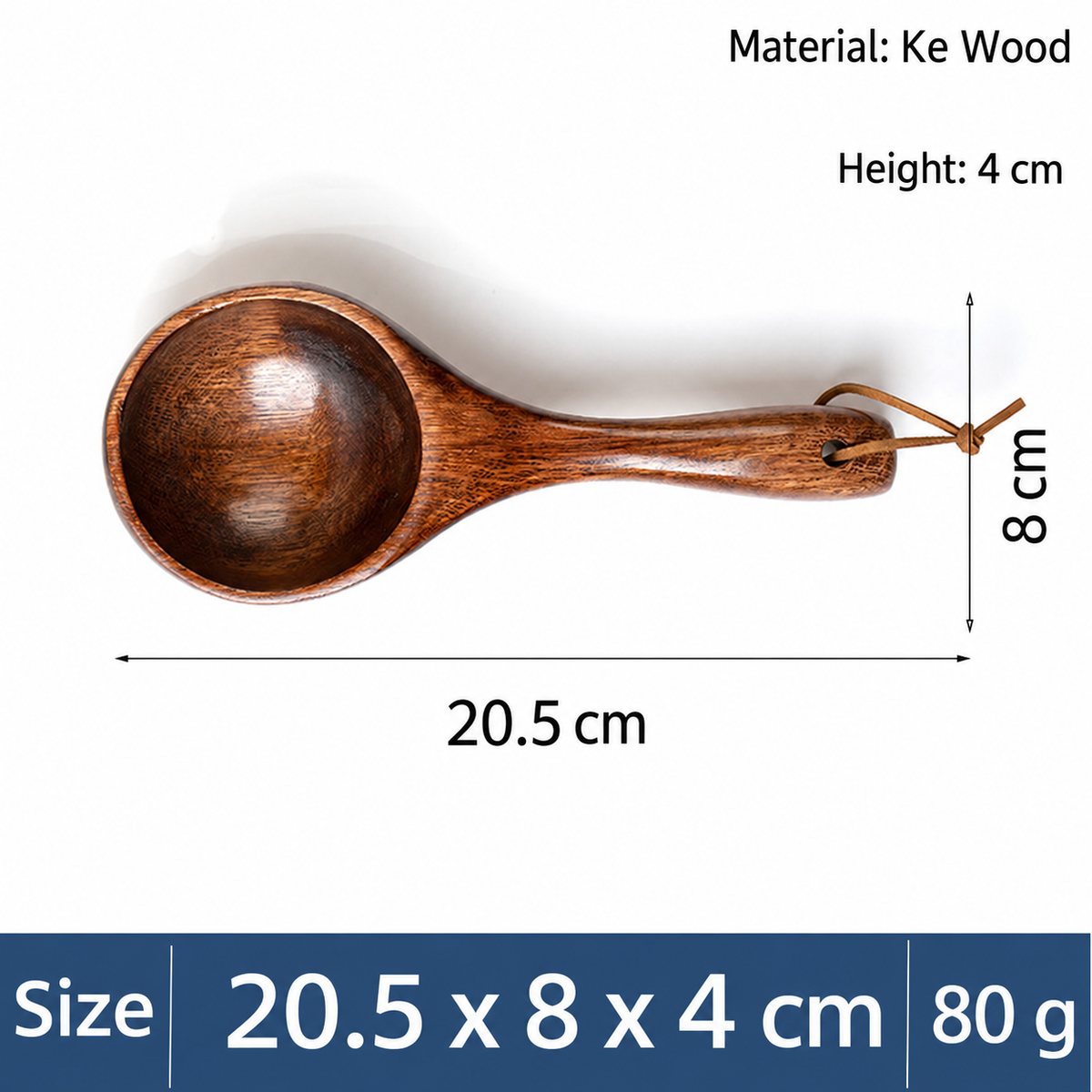 Rustic Ke Wood Soup Ladle with Aged Lacquer Finish and Hanging Cord