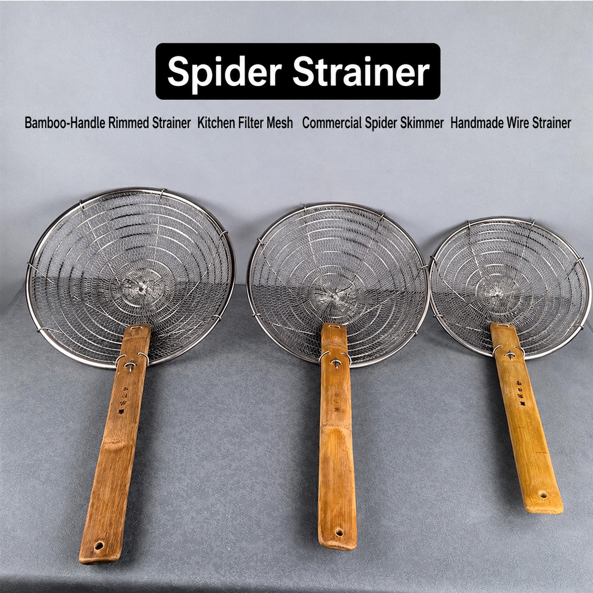 Stainless Steel Spider Strainer with Long Bamboo Handle